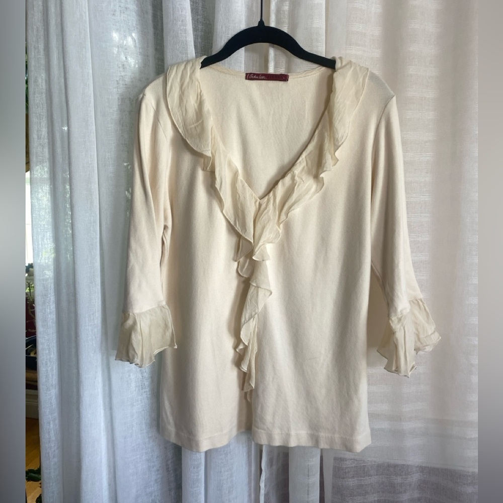 Barbara Lesser Fibers Size L Cream Ruffle Trim Flare Sleeves Women Top Blouse